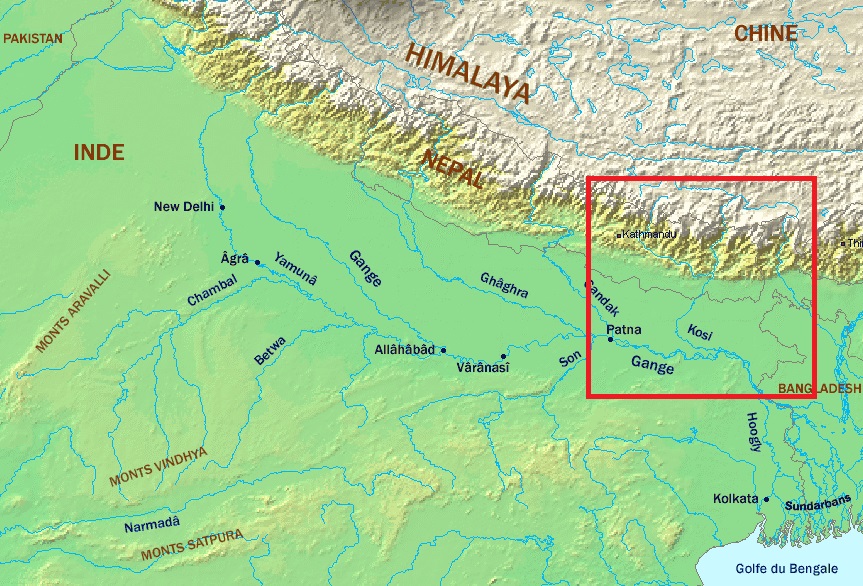 Area in red marks the Kosi river basin [image by CC BY-SA 3.0 / Wikipedia]