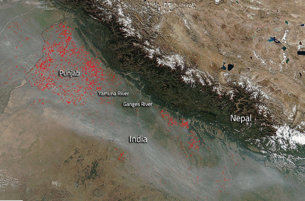 NASA's Suomi NPP satellite image taken on 23 October 2016 shows agricultural fires (marked in red) in the Punjab region of India [image by  NASA]