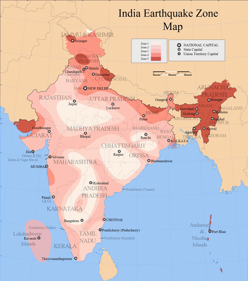 भूकंप के खतरों के लिहाज से भारत के सबसे संवेदनशील क्षेत्र [Image by CC-by-sa PlaneMad/Wikimedia]