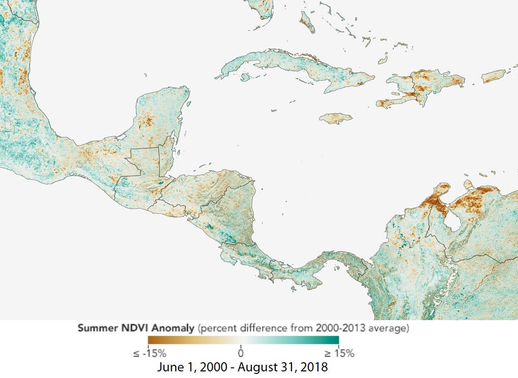 Map of Central American and the Caribbean NDVI anomolies. NDVI is an important tool for monitoring crop conditions for food security. 